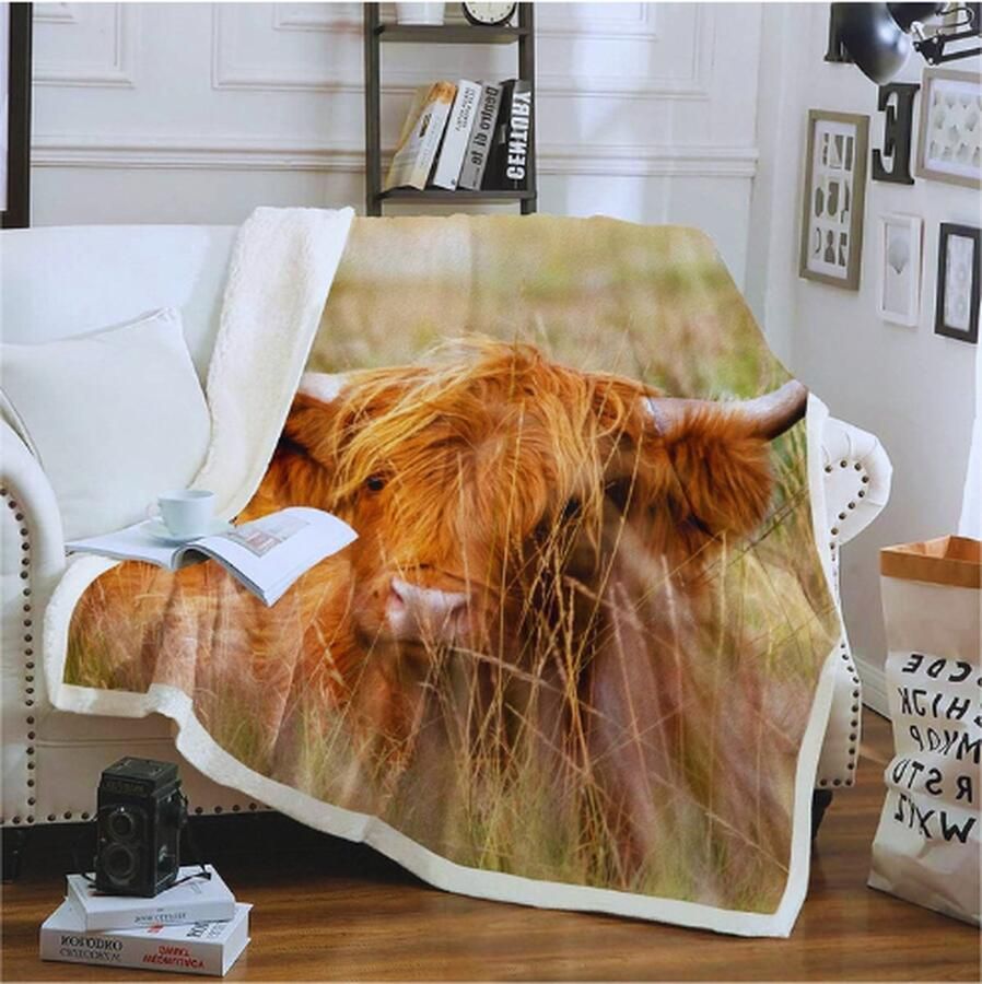 PEAM Highland Cow Sherpa Deken 3D Schattige Stier Vee Fleece Deken voor Kinderen Jongens Meisjes Westerse Dieren Grasland Pluizige Deken voor Slaapbank Wild Oranje Bruin Koe Baby 76 cm x 102 cm
