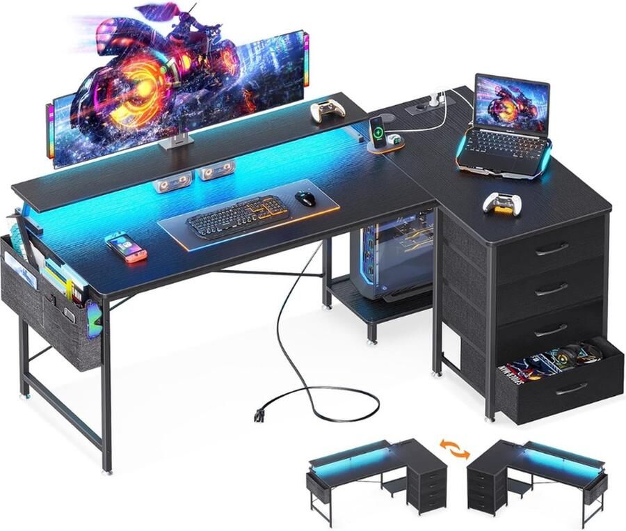 PEAM Hoekbureau Met 4 Laden Omkeerbaar L-Vormig Bureau Met 2 Stopcontacten & 2 USB-Oplaadpoorten Gamingtafel Met LED & Monitorstandaard Zwart 160 x 80 x 85.9 cm