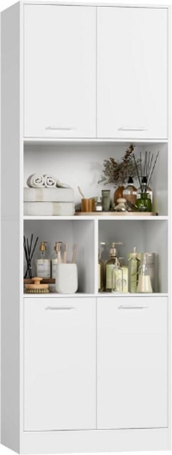 PEAM Hoge Badkamerkast Badkast Hoge Kast Voor Badkamer Werkkamer Multifunctionele Kast Keukenkast Met 4 Deuren Badkamerrek Hout 180.5 x 60 x 40 cm Wit