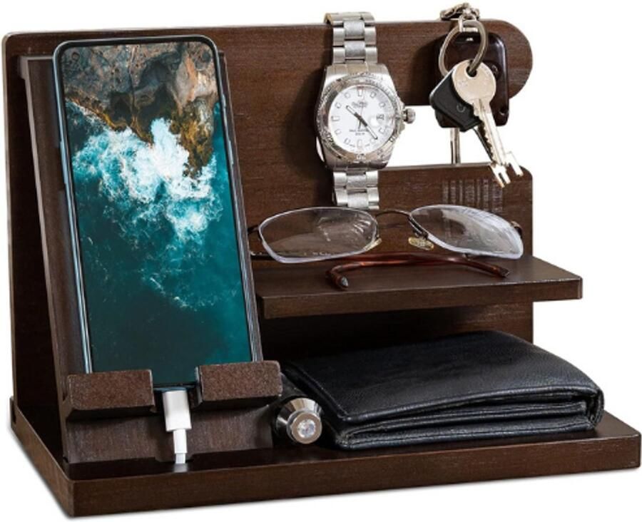 PEAM Houten Docking Station Organizer voor Bureau Nachtkastje of Entree Sieradenhouder en Telefoonhouder Perfect Cadeau voor Hem Verjaardag Kerst Valentijn