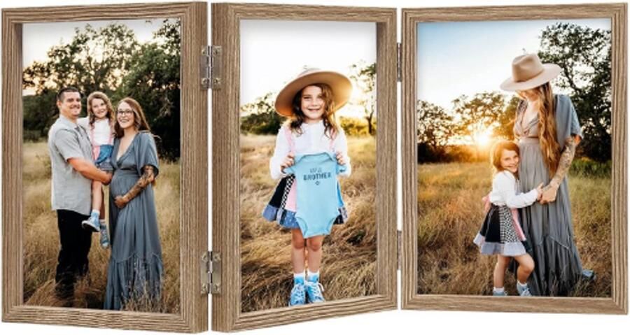 PEAM Houten Fotolijst 3-Voudig 10x15cm Inklapbare Scharnierende Fotolijst Met Glas Staande Houtkleurige Fotolijst Voor Bureau Of Kast Verticale Fotohouder