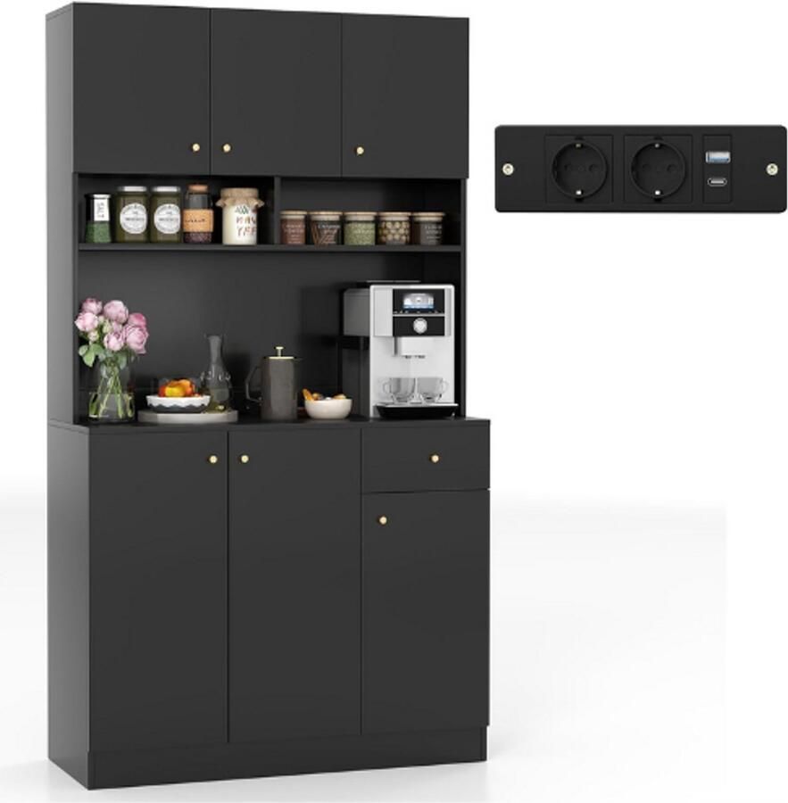 PEAM Houten Keukenkast Buffetkast met Stopcontacten & USB-Poorten & Type C Hoge Keukenkast met Verstelbare Planken Opbergkast voor Keuken en Woonkamer 100 x 40 x 181 cm (Zwart)
