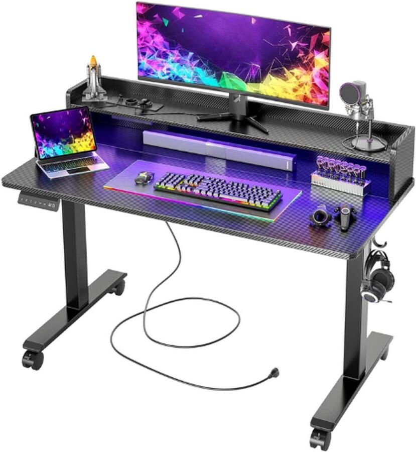 PEAM In Hoogte Verstelbaar Bureau Stekkerdoos LED 100x60 Cm Sta-Tafelbureau Monitorstandaard Slim Bedieningspaneel 3 Geheugenhoogten Antibotsingssysteem Zit-Sta-Bureau Speel Werk Thuis Kantoor