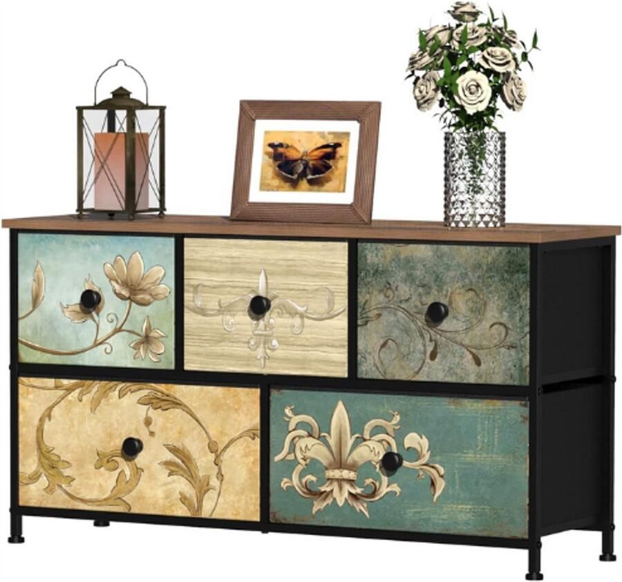 PEAM Industriële Commodekast Met 5 Laden Tv-Kast Met Metalen Frame En Houten Oppervlak Voor Woonkamer-Kinderkamer-Hal Rustieke Opbergkast