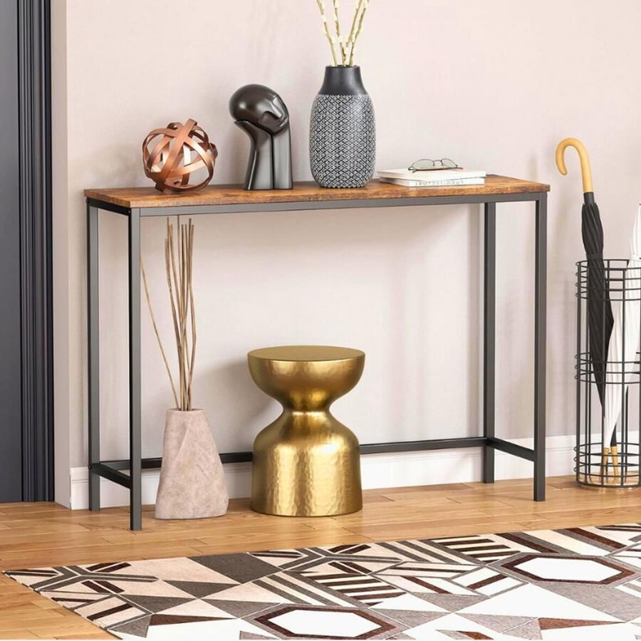 PEAM Industriële Consoletafel 100 cm – Smalle Banktafel Met Metalen Frame Rustiek Bruin – Voor Woonkamer Hal Entree Kantoor of Gang – Eenvoudige Montage