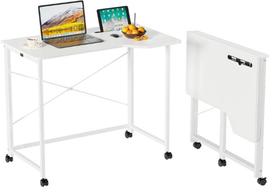 PEAM Inklapbaar Bureau Met Tabletsleuf Mobiele Computertafel Met Wielen Opvouwbare PC-Tafel 90x56x75 cm Bureau Voor Thuiskantoor Wit Hout