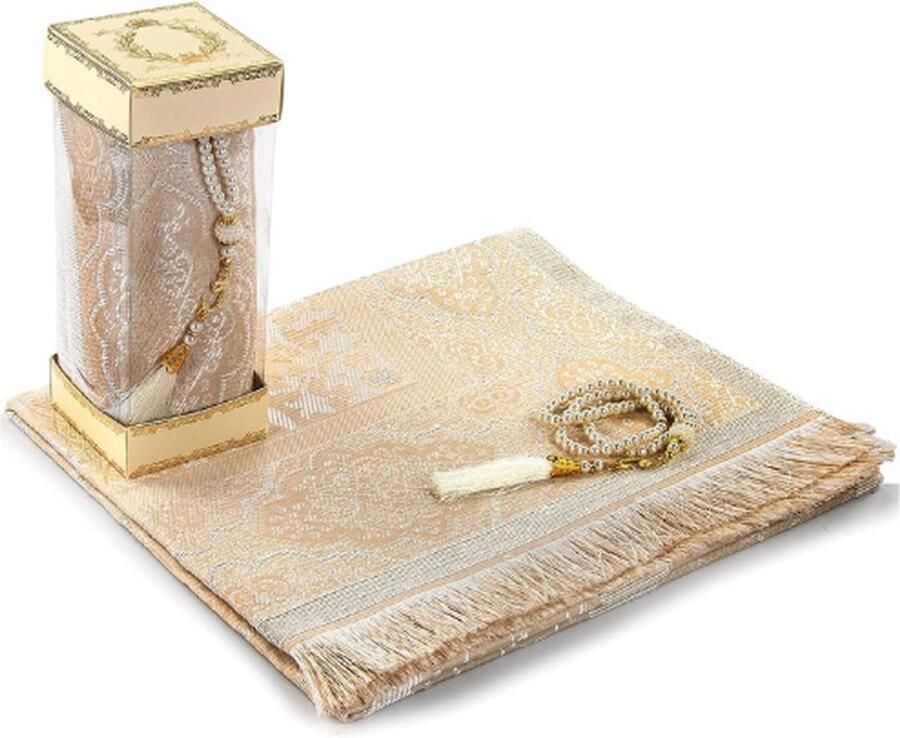 PEAM Islamitisch Gebedskleed En Gebedskralen In Elegante Geschenkdoos Janamaz Sajadah Zachte Taftstof Crème