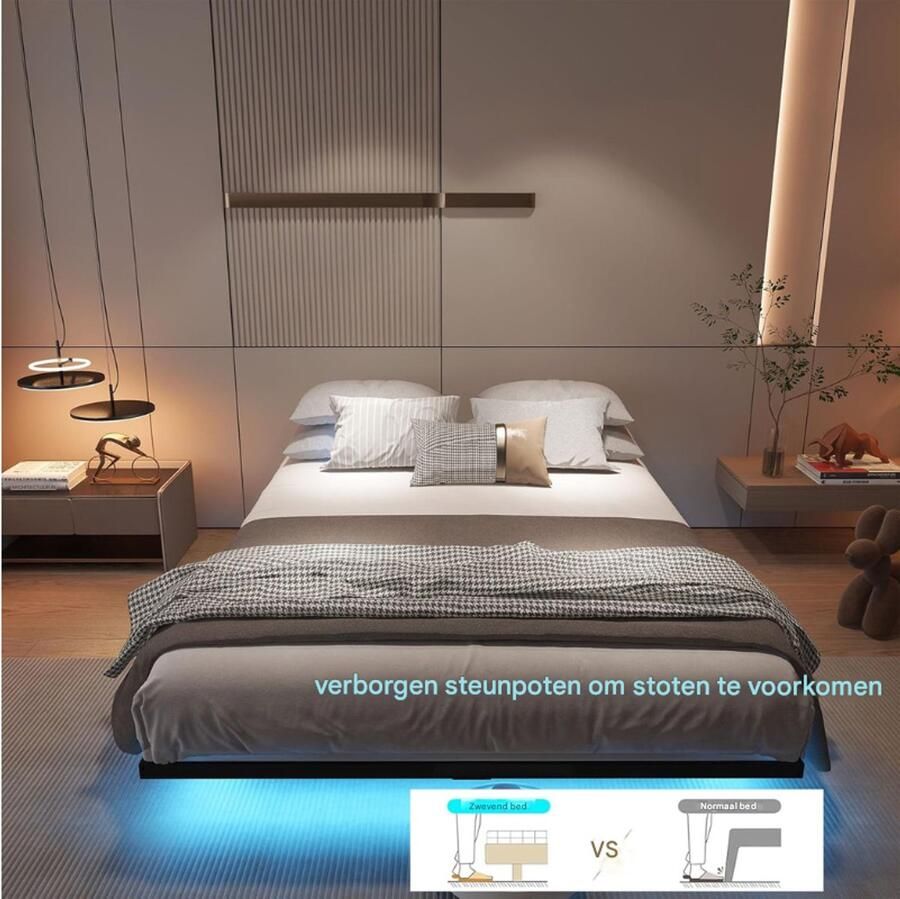 PEAM IXF-96L-140 Bedframe 140 x 200cm met Lattenbodem en LED Verlichting Modern Metaal Tweepersoonsbed Zwart Zonder Matras
