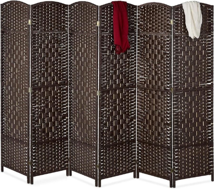 PEAM Kamerscherm 6 Panelen HxB 170x240 Cm Roomdivider Opvouwbaar Scheidingswand Hout & Papiertouw Bruin