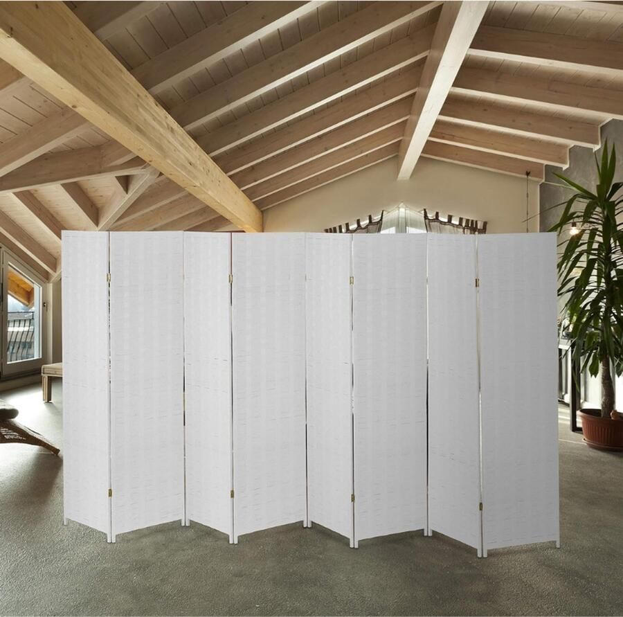 PEAM Kamerscherm 8 Panelen HB 170x320 cm Roomdivider Opvouwbaar Scheidingswand Hout & Papiertouw Wit