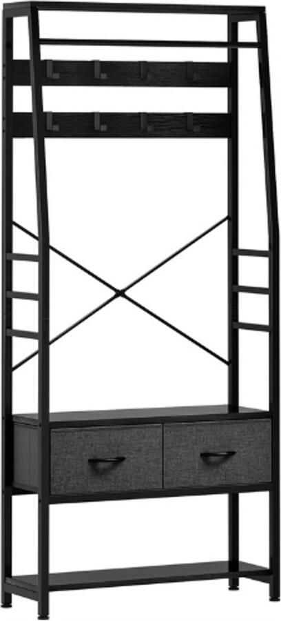 PEAM Kapstok Standaard Met Schoenenopslag Industriële Halboom Met Bank & 2 Opvouwbare Laden Staande Kapstok Met 8 Haken Zwart Metalen Frame Voor Hal Woonkamer & Slaapkamer