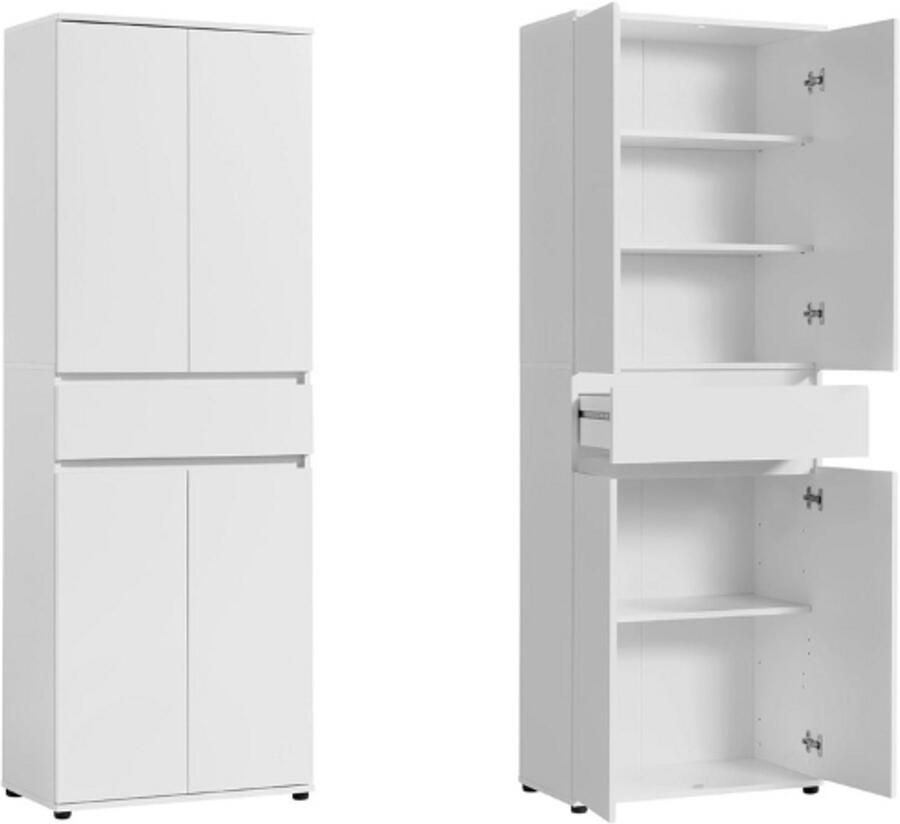 PEAM Kast 60 cm Breed Met 4 Deuren en Lade Veelzijdige Opbergkast Multifunctionele Kast Met 3 Planken Smalle Kast Voor Huishouden Kantoor Hal Slaapkamer Wit 64 x 34 x 180 cm