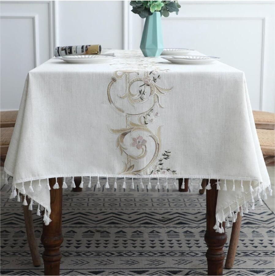 PEAM Katoenen Tafelkleed Vierkant Afwasbaar Kreukvrij Kwastjes Decoratie voor Buiten Salontafel Keuken Eetkamer Tafelblad Decoratie (140 x 139 cm)