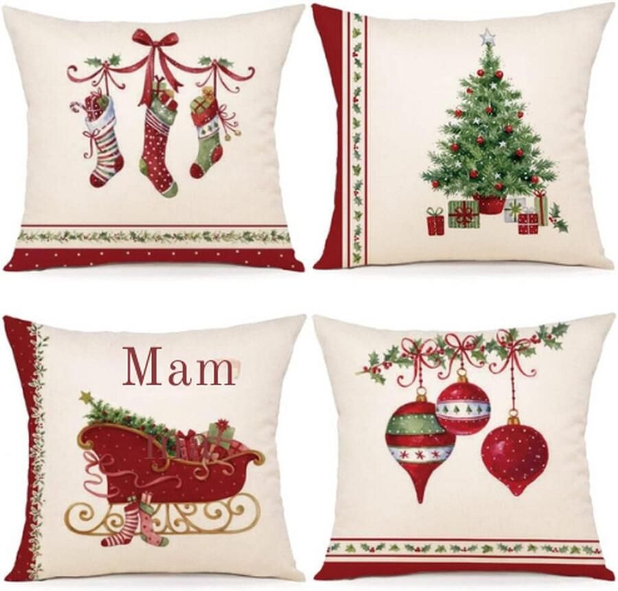 PEAM Kerst Kussensloop 50x50 Set Van 4 Kussenslopen Decoratieve Kussens Linnen Kussenhoezen Voor Decoratie Kerst Bank Slaapkamer Bank Kussenhoes 50x50 Cm
