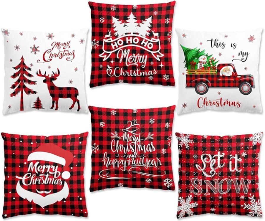 PEAM Kerst Kussenslopen Set Van 6 Kerst Decoraties Kussenslopen 45 X 45 Cm Rood Zwart Strip Tartan Kussenslopen Kerst Kussenslopen Voor Bank Kerst Kamer Decor