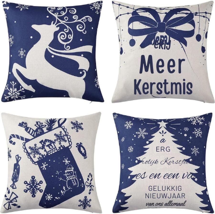 PEAM Kerst Sierkussenslopen 45 x 45 Cm Blauwe Katoenen Linnen Sierkussens Set Van 4 Sneeuwvlok Kerstboom Kussenslopen Voor Bank Woondecoratie 4 Stuks