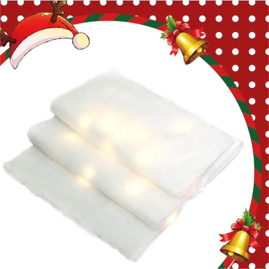 PEAM Kerst Sneeuwdeken Met Warm Led Licht 150CM*40CM Kunstmatige Nep Sneeuw Roll Zachte Sneeuwdeken Voor Kerstdorp Indoor Kerstversiering Voor Tafel Kerstboom Open Haard (2 Stuks)