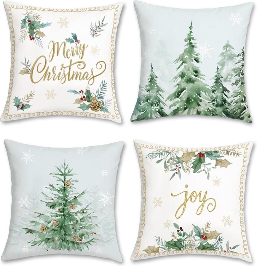 PEAM Kerstboom Dennenkussenslopen 45 x 45 cm – Groene Dennenboom Met Sneeuwvlok En Vreugde Print Zachte Fluwelen Decoratieve Sierkussenslopen Voor Slaapbank Thuis En Vakantie Decor Set Van 4