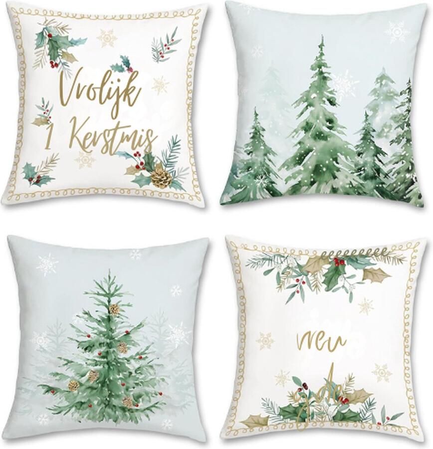 PEAM Kerstboom Dennenkussenslopen 45 x 45 cm Groene Dennenboom Sneeuwvlok Vreugde Kerst Decoratieve Sierkussenslopen Zachte Fluwelen Kussenslopen Voor Slaapbank Thuis Vakantie Decor Set Van 4