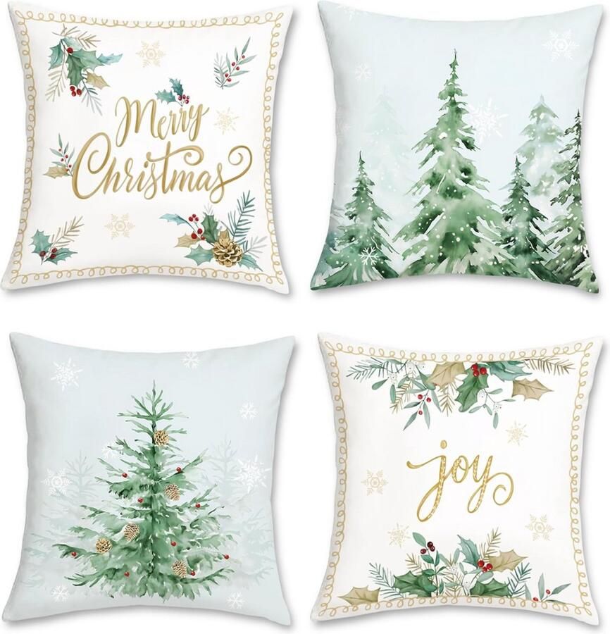 PEAM Kerstboom Dennenkussenslopen 45 x 45 cm – Groene Dennenboom Sneeuwvlokken En Vreugde – Zachte Fluwelen Sierkussenslopen Voor Slaapbank Thuis En Vakantie Decor – Set Van 4 description in dutch language