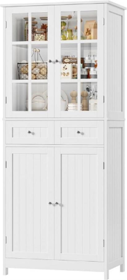 PEAM Keukenkast-180-Cm-Buffetkast-Met-2-Glazen-Deuren-Hoge-Kast-Met-4-Deuren-En-2-Laden-Multifunctionele-Kast-Voor-Keuken-Eetkamer-Woonkamer-Wit