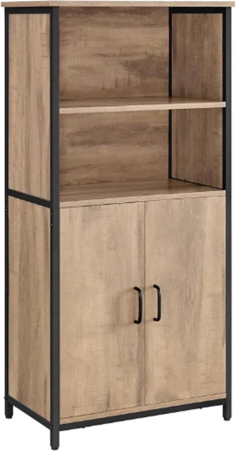 PEAM Keukenkast Boekenkast Met 2 Open Vakken Kast Met Verstelbare Planken Boekenkast Met Deuren Stalen Frame Voor Woonkamer Keuken En Werkkamer Eikenbruin-Zwart