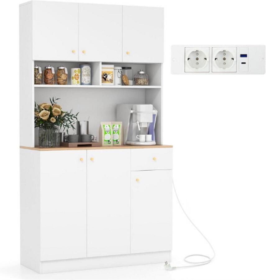 PEAM Witte Keukenkast Van Hout Met Stopcontacten En USB-Poorten – Hoge Buffetkast Met Verstelbare Planken – Opbergkast Voor Keuken – Eetkamer – Woonkamer – 100x40x181 cm