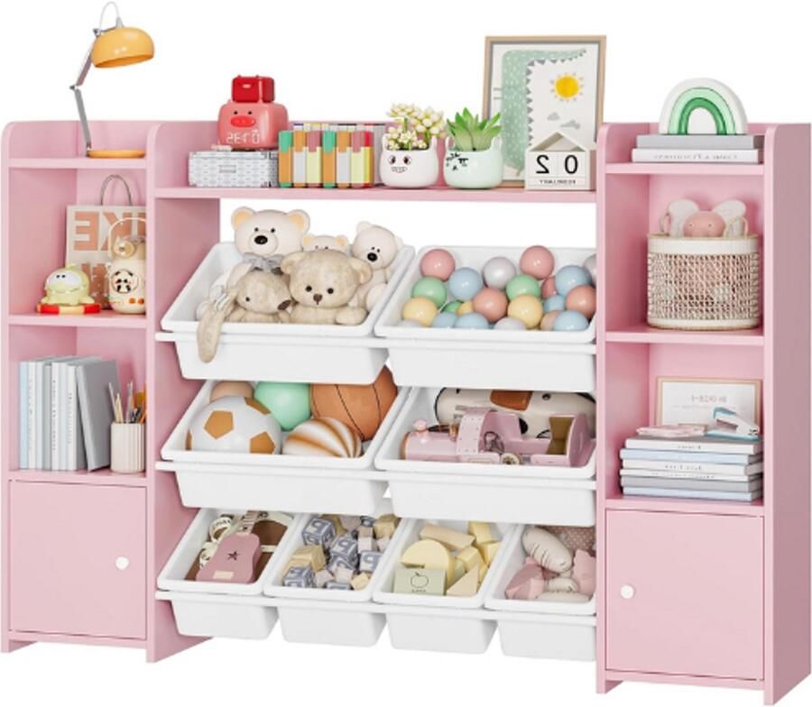 PEAM Kinderrek Met 8 Boxen Kinderkast Houten Boekenkast Voor Kinderen Opbergdoos Kinderkamer Meubels Met Speelgoedkist 138 x 94 x 29 cm (Roze