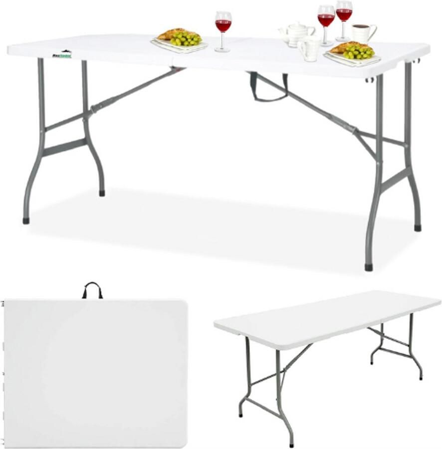 PEAM Klaptafel Opvouwbaar 152x70x74cm – Weerbestendige Campingtafel – Tuintafel Voor Buiten – Buffettafel Wit Met Handvat