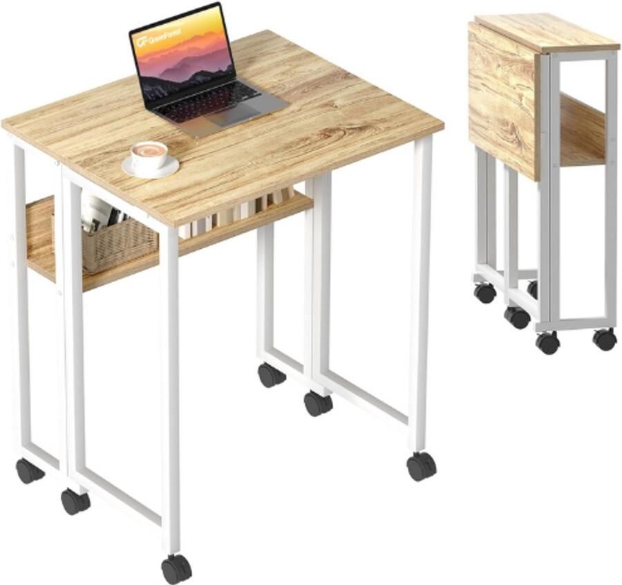 PEAM Klein Opvouwbaar Bureau Met Wielen 63×50cm Draagbaar Opvouwbaar Bureau Bureautafel Met Opbergruimte Computerbureau Voor Kleine Werkplekken Eenvoudige Montage Beige