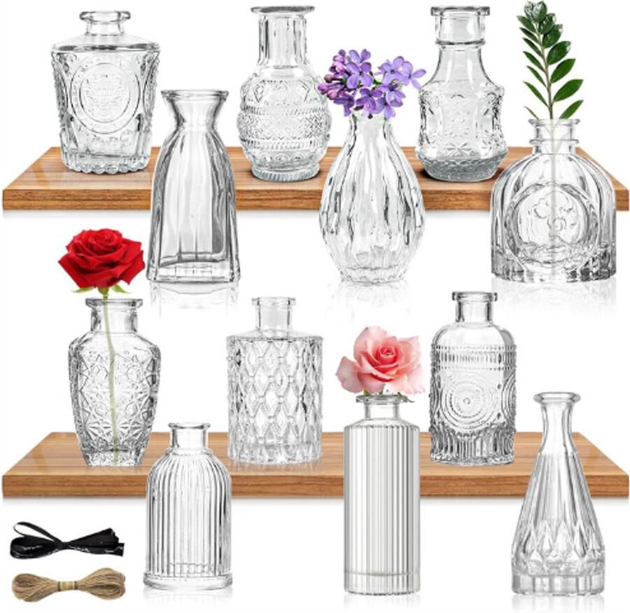 PEAM Kleine Glazen Vazens Vintage Set Van 12 Glazen Vazens Vaas Mini Kleine Glazen Tafel Middenstukken Bloemen Vaas Voor Woonkamer Eettafel Bruiloft Middenstuk Binnen Slaapkamer Decoratie