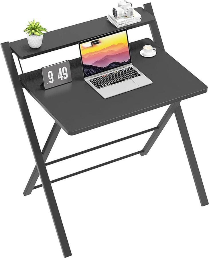PEAM Kleine Opvouwbare Tafel 70 Cm – Gaming Tafel Met 2 Opslagniveaus – Mini Laptop Tafel Voor Kleine Ruimtes – Schrijftafel Voor Werkplekken In Zwart