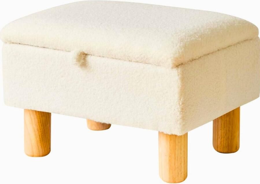 PEAM‎ Kleine Voetenbank Met Opslag – Faux Teddybont Voetkruk Ottomaanse Met Houten Poten – Voor Woonkamer Slaapkamer Entree en Kantoor – Wit YD-JD136W