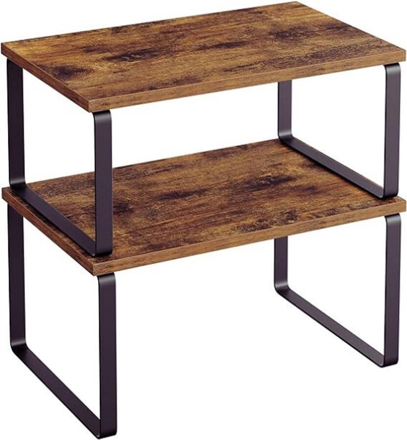 PEAM Kruidenrekjes Set Van 2 – Uitzetbare & Stapelbare Keukenplanken – Metalen Frame & Spaanplaat – Vintage Bruin-Zwart
