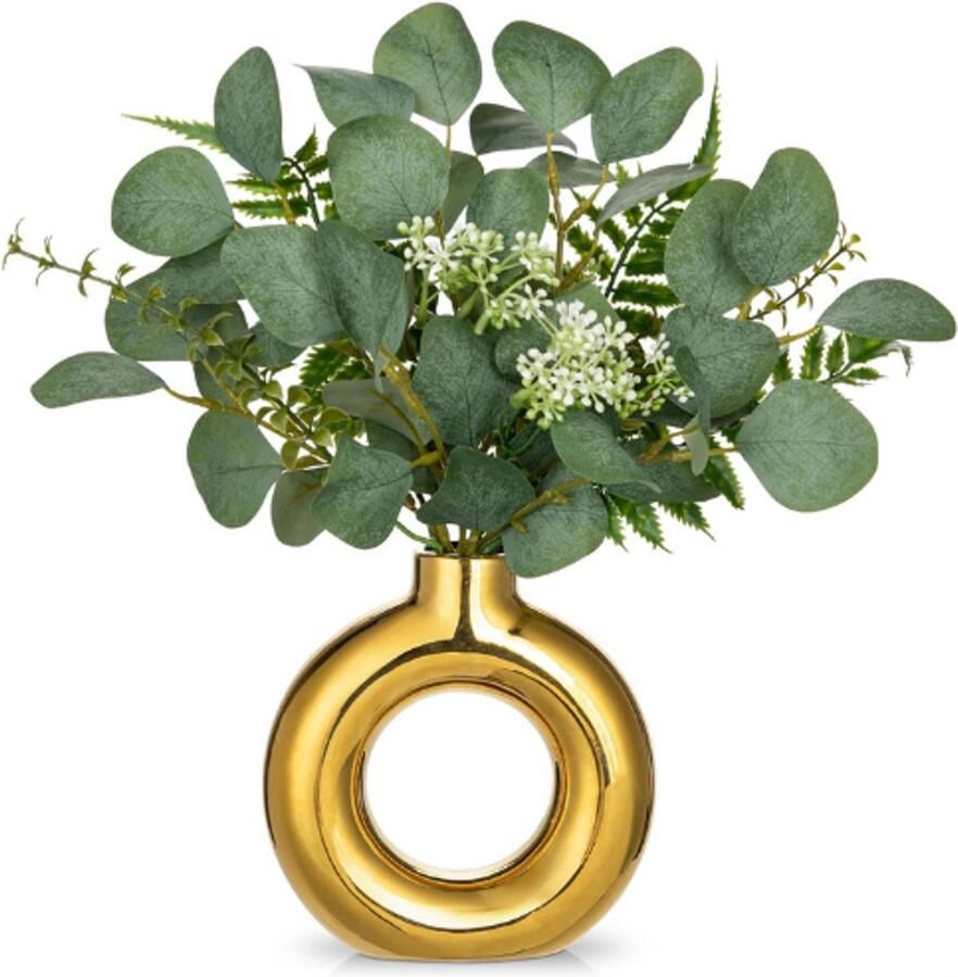 PEAM Kunst Eucalyptus In Donutvaas Groene Kunstplant In Keramische Vaas Moderne Tafeldecoratie Voor Plank Kast Woonkamer Of Badkamer Interieur