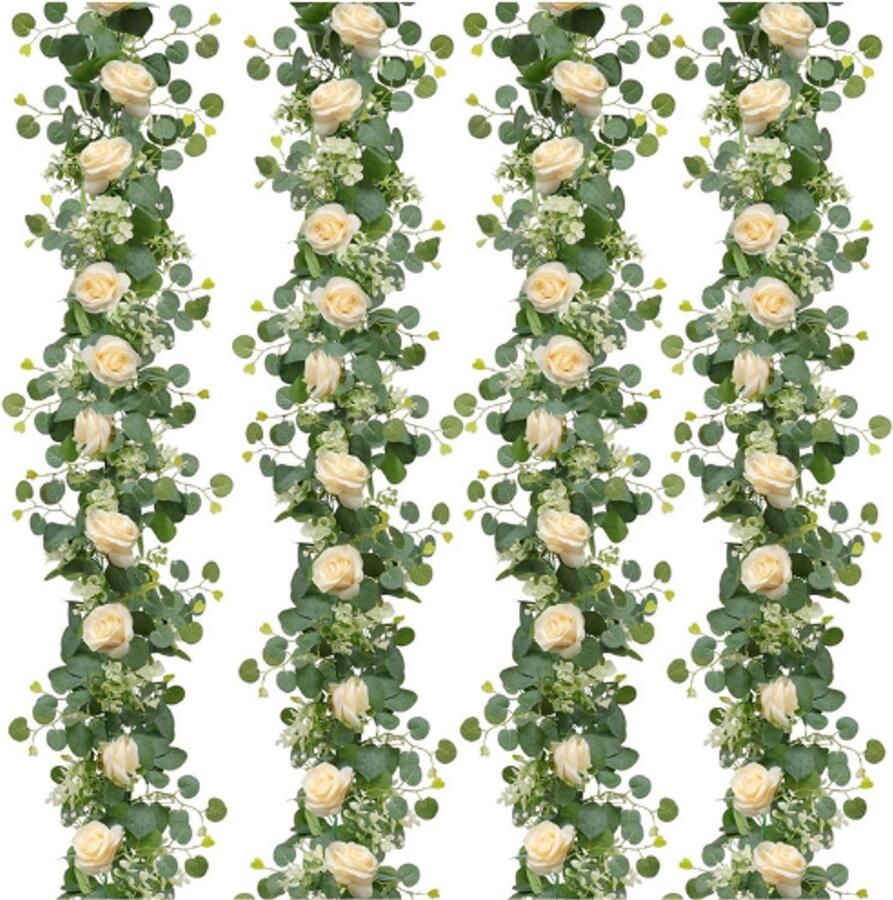 PEAM Kunstbloemen Slinger Met Champagne Rozen 4 Stuks Eucalyptus En Gipskruid Slinger Zijde Witte Roos Tafel En Muurdecoratie Voor Bruiloft En Feest