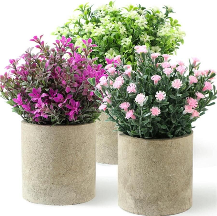 PEAM Kunstplanten Bloemen Set Van 3 Kleine Nepplanten Voor Binnen Levensechte Kunstplanten In Potten Voor Bureau Badkamer Huisdecoratie Paars Roze Wit