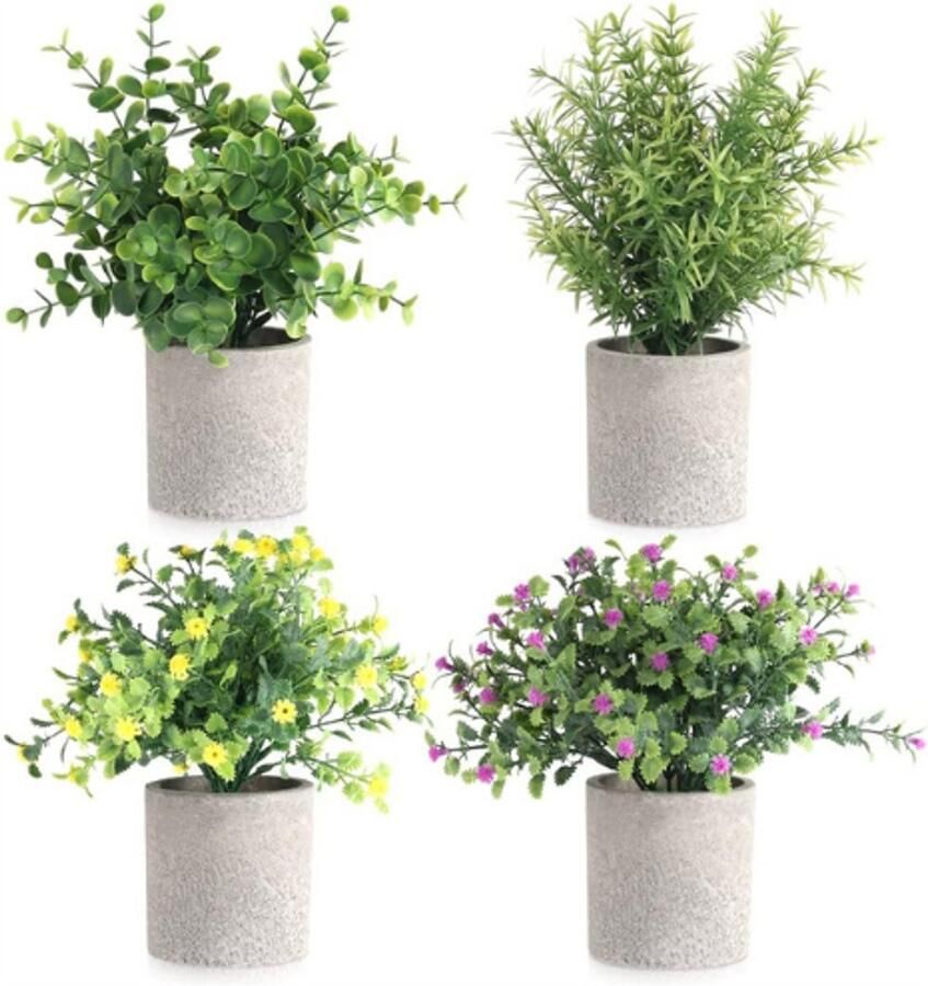 PEAM Kunstplanten Set 4 Stuks – Decoratieve Planten In Pot – Eucalyptus Rozemarijn Gypsophila & Groenblad – Voor Woonkamer Badkamer Keuken Of Bureau – Indoor & Outdoor