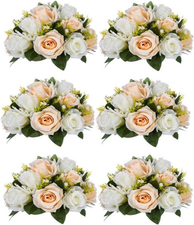 PEAM Kunstrozen Met Sokkel Set Van 6 15 Koppen Per Bos Champagne En Witte Rozen Decoratie Voor Bruiloft En Feest Kunstbloemen Voor Centerpieces En Valentijnsdag Bloemenrek Voor Winkel Of Tafel - Foto 2