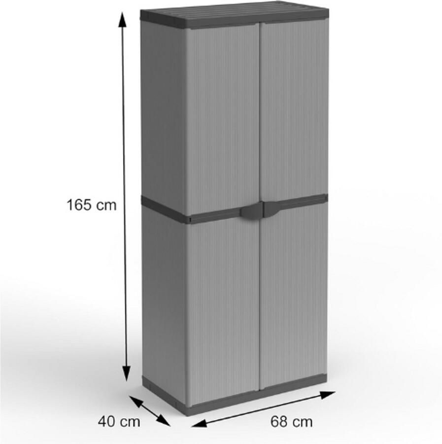 PEAM Kunststof Opbergkast Met 2 Deuren 3 Legplanken Modulair Systeem Voor Binnen En Buiten Robuuste PVC Kast Grijs-Zwart 68x40x165 cm