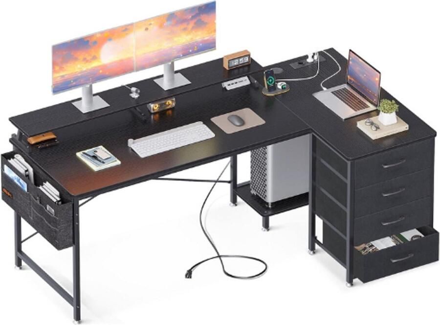 PEAM L-Vorm Bureau Zwart Groot Hoekbureau met 4 Laden 160 x 80 x 84 7 cm Hoektafel met 2 USB-Oplaadpoorten en 2 Stopcontacten Computertafel voor Thuiskantoor