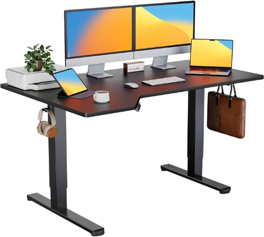 PEAM L-Vormig Elektrisch Sta-Bureau In Hoogte Verstelbaar 145 X 85 Cm Zit-Sta Bureau Voor Thuis En Op Kantoor Werkstation Hoekcomputerbureau Met Haken Zwart