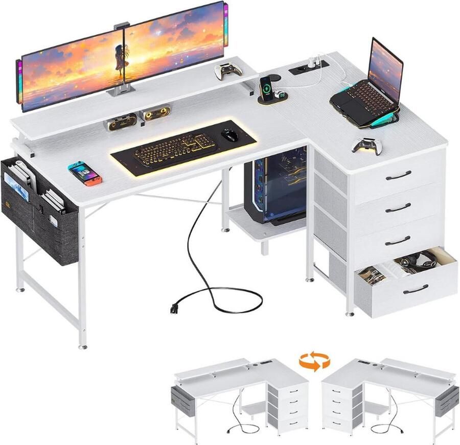 PEAM L-Vormig Hoekbureau Met 4 Laden En USB-Oplaadpoorten Omkeerbaar Bureau Met Monitorplank 140 x 80 x 84 7 cm Wit