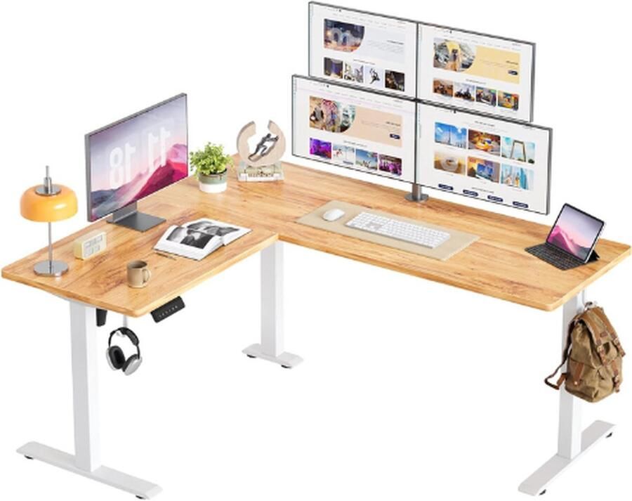 PEAM L-vormig Sta Hoekbureau-160x140cm In Hoogte Verstelbaar Elektrisch Bureau Gesplitste Plaat Sta-tafel Slim Bedieningspaneel 3 Geheugenhoogten Antibotsingssysteem Zit-sta-bureau Thuis Kantoor