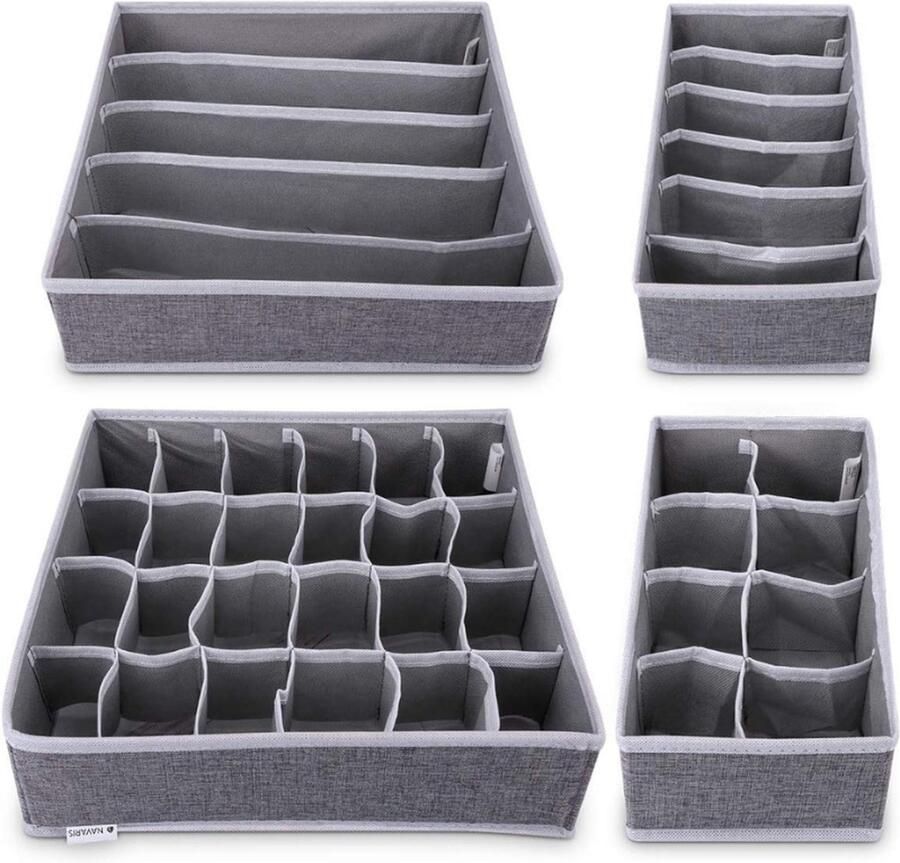 PEAM Lade Organizer Kledingkast Opbergboxen Set van 4 Ladeverdelers voor Ondergoed Sokken en Stropdassen Grijs Houd je kledingkast georganiseerd met deze set van 4 opbergboxen ideaal voor het ordenen van ondergoed sokken en stropdassen.