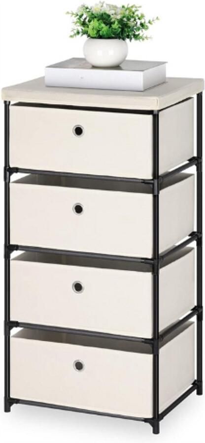 PEAM Ladekast Met 4 Niveaus Metalen Frame Verticale Stoffen Dressoir Grote Capaciteit Opbergorganizer Voor Slaapkamer Woonkamer Hal Kast (Gebroken Wit)