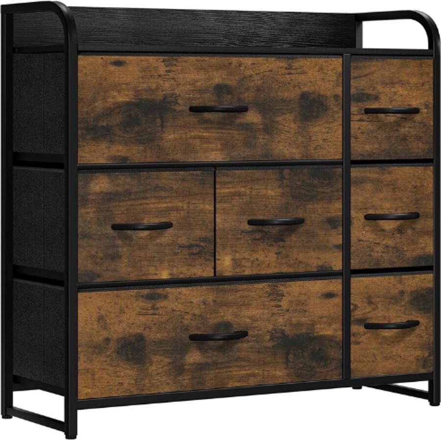 PEAM Ladekast Met 7 Stoffen Laden Dressoir Met Handgrepen Opbergkast Voor Slaapkamer Of Woonkamer Metalen Frame Rustiek Bruin
