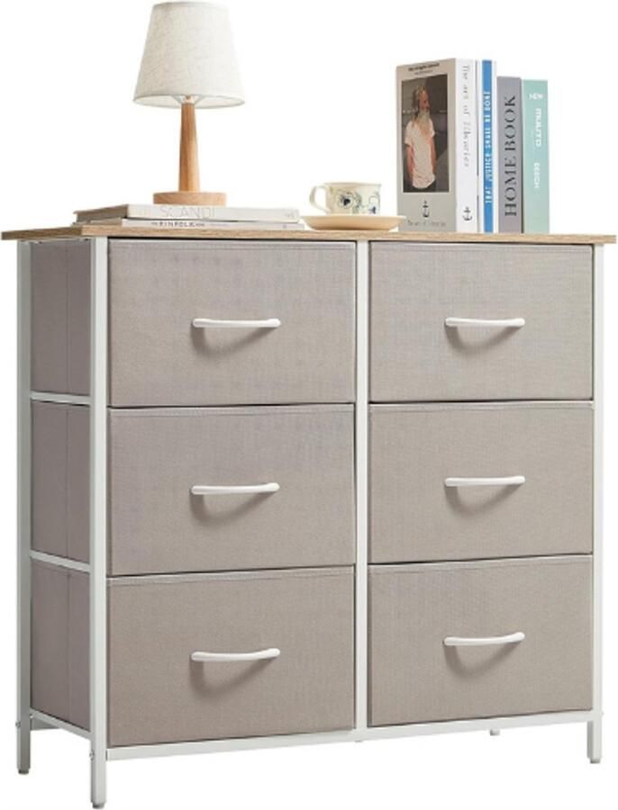 PEAM Ladekast Voor Slaapkamer Ladekast Met 6 Stoffen Ladekasten Opbergtorens Voor Kast Woonkamer Gang Slaapzaal Kantoororganisatie Stalen Frame Houten Blad Lichtgrijs