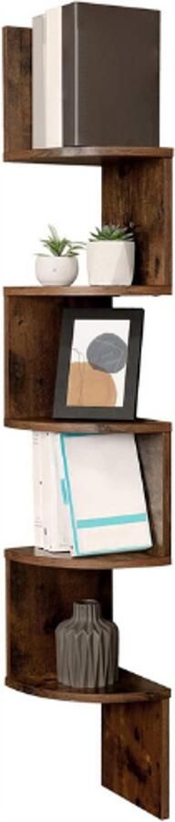 PEAM LBC20BX Hoekplank Wandplank met 5 Niveaus Zigzag Zwevende Plank Boekenkast voor Keuken Slaapkamer Woonkamer Kantoor Rustiek Bruin