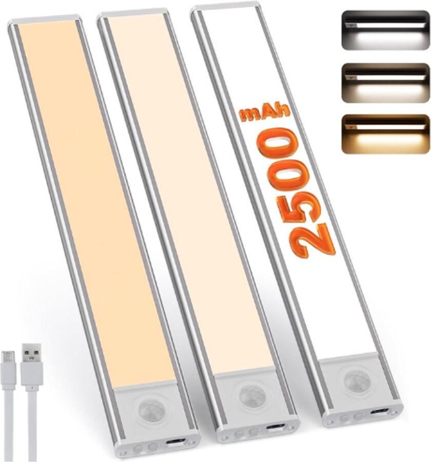 PEAM LED Kastverlichting Met Bewegingssensor Set Van 3 Draadloze Onderbouwlampen 20cm Oplaadbaar Met USB 3 Lichtkleuren (6000K) Voor Kasten Trappen En Keuken